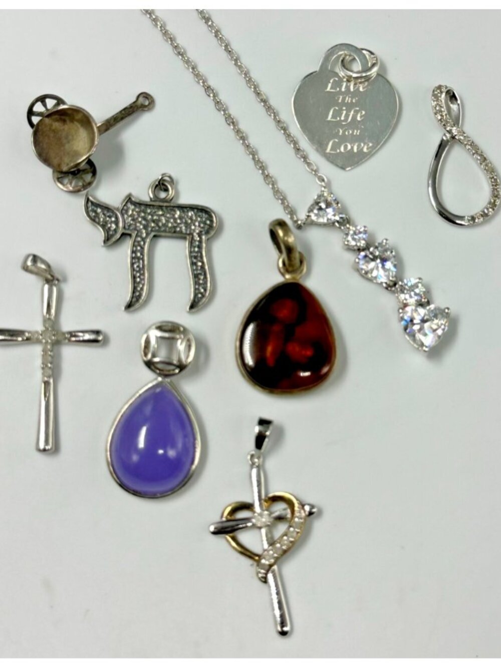 925 Sterling Silver Charm Pendant Lot Cross Heart Infinity Chai CZ 9 Pieces